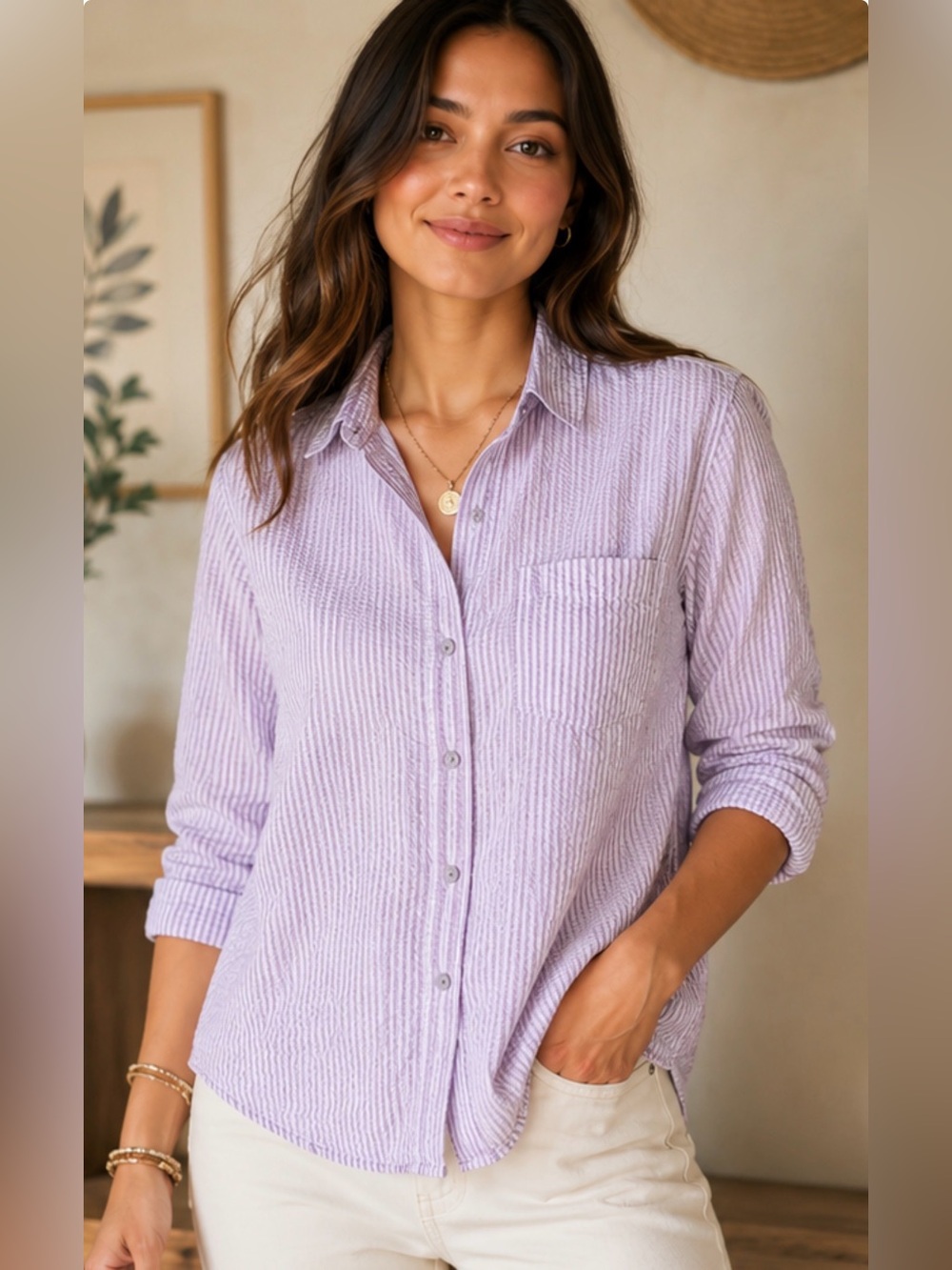 Eddie Bauer Seersucker Button Down Shirt Women’s lavender & mauve